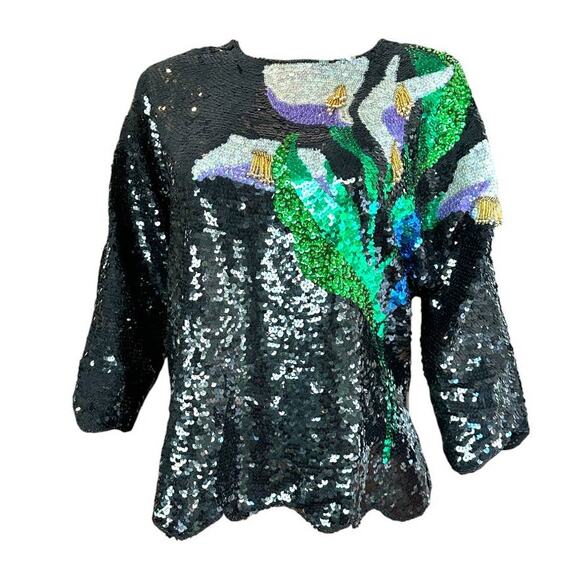 Vintage Black Silk Sequin Top 3/4 Batwing Sleeve Calla Lily Pattern Size XL 1X - Picture 7 of 10